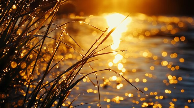 Photo dewcovered grass illuminated by a golden sunset reflecting on a calm river