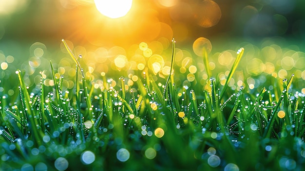 DewCovered Grass With Sun Background