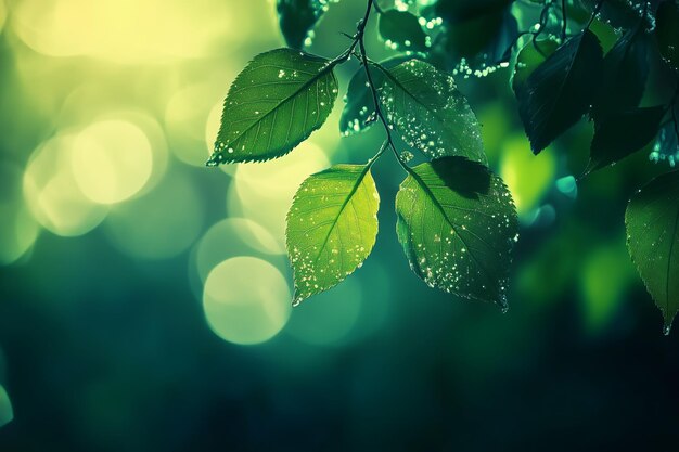 Dewcovered leaves sparkle in soft morning light with a blurred background showcasing natural beauty