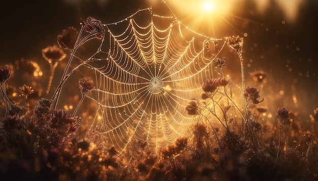 DewCovered Spider Web at Sunrise