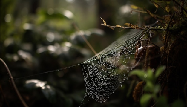 Dewdrop glistens on spider web in autumn forest generated by AI