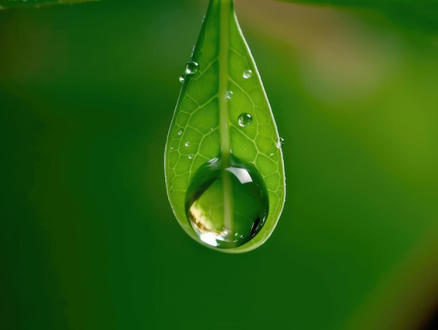 Dewdrop hangs from the tip of a green leaf