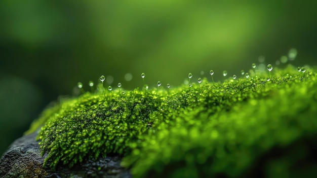 Photo dewdrops glisten on vibrant green moss showcasing nature39s beauty and tranquility