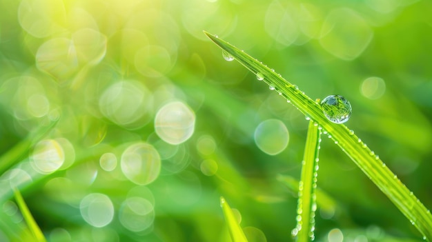 Dewdrops on green grass blade with blurred bokeh background