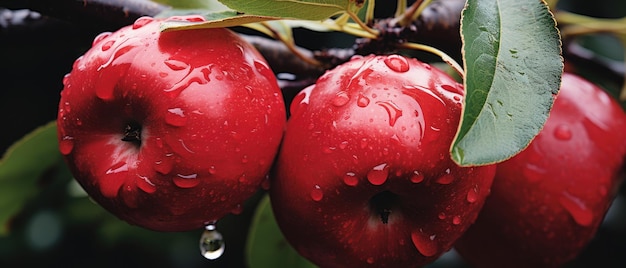 DewEmbraced Temptation Red Delicious Apples on Tree Beckon with Droplets