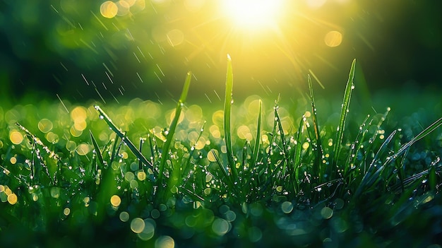 Dewkissed grass illuminated by sunlight creating a serene natural scene