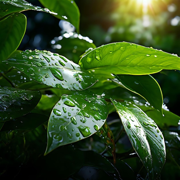 Dewkissed leaves basking in gentle sunlight