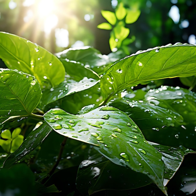 Dewkissed leaves basking in gentle sunlight