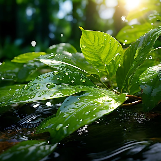 Dewkissed leaves basking in gentle sunlight