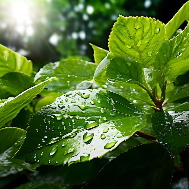 Dewkissed leaves basking in gentle sunlight