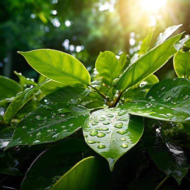 Dewkissed leaves basking in gentle sunlight