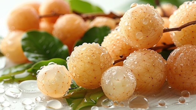 Dewy Longan Fruit with Green Leaves