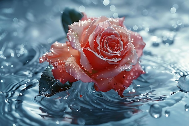 Dewy Pink Rose Floating in Water Digital Illustration