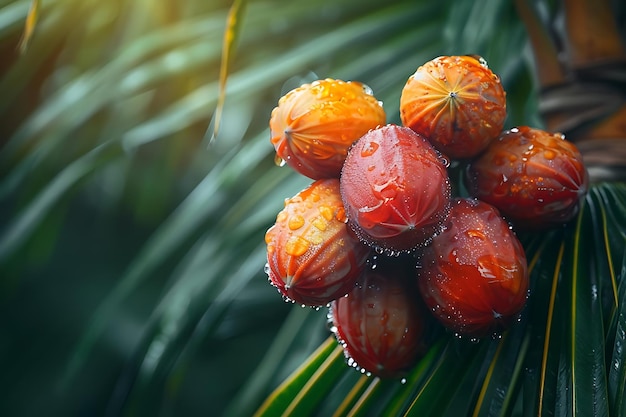 Dewy Red and Orange Fruits on Green Palm Leaf Realistic Image