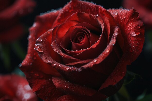 Dewy Red Rose Petals in Stunning Macro Photography on Black Surface