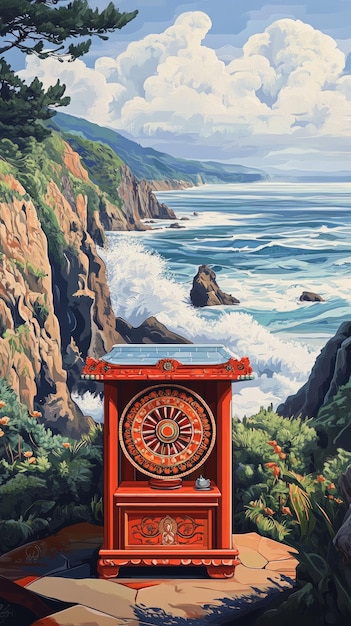 Photo dharma wheel dharmachakra seaside shrine buddhism religion spiritual symbol generative ai