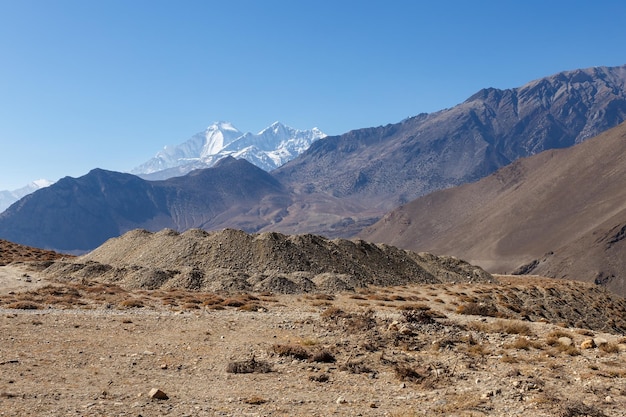 Dhaulagiri and Tukuche Peak Mountain view from Kagbeni Muktinath road Mustang District Nepal