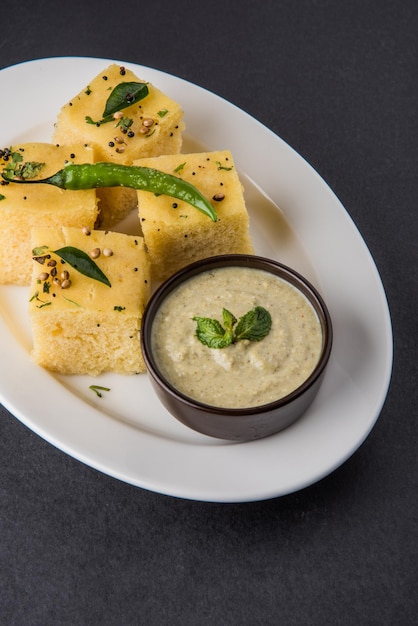 Dhokla is a veg food snack or breakfast item from Indian state of Gujarat