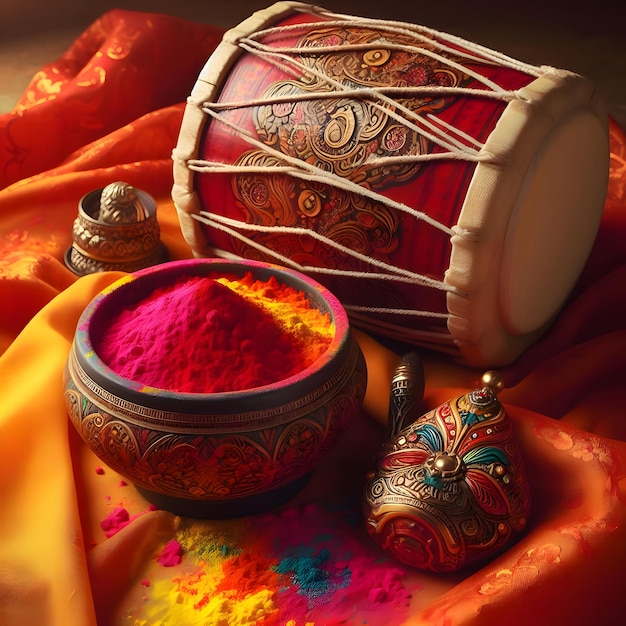 Dhol With Colors in Indian Bowl Background Generated AI