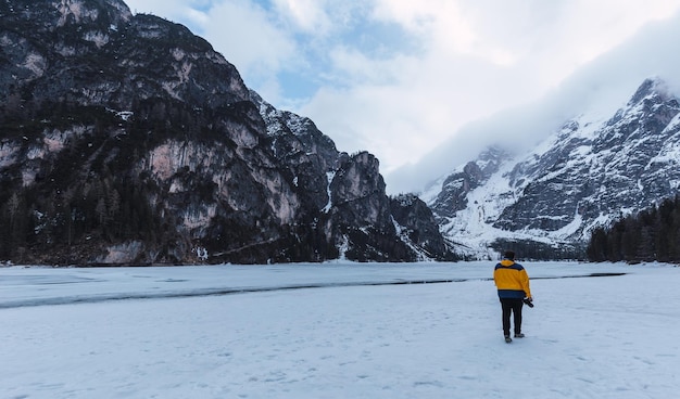 Di Braies lake during the winter in the middle of Alps mountains