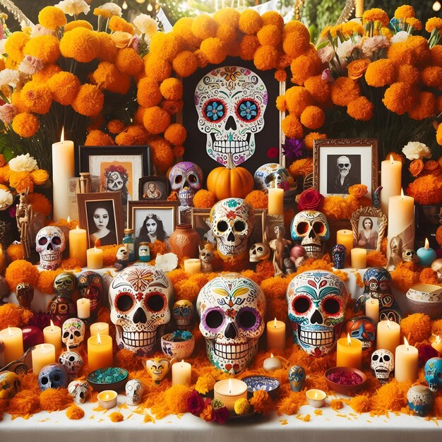 Photo dia de los muertos altar beautifully decorated with marigolds candles sugar skulls and photos