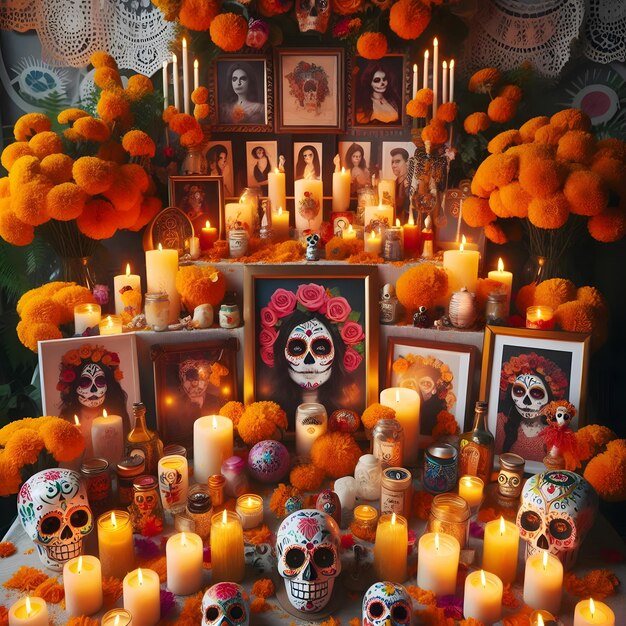 Photo dia de los muertos altar beautifully decorated with marigolds candles sugar skulls and photos