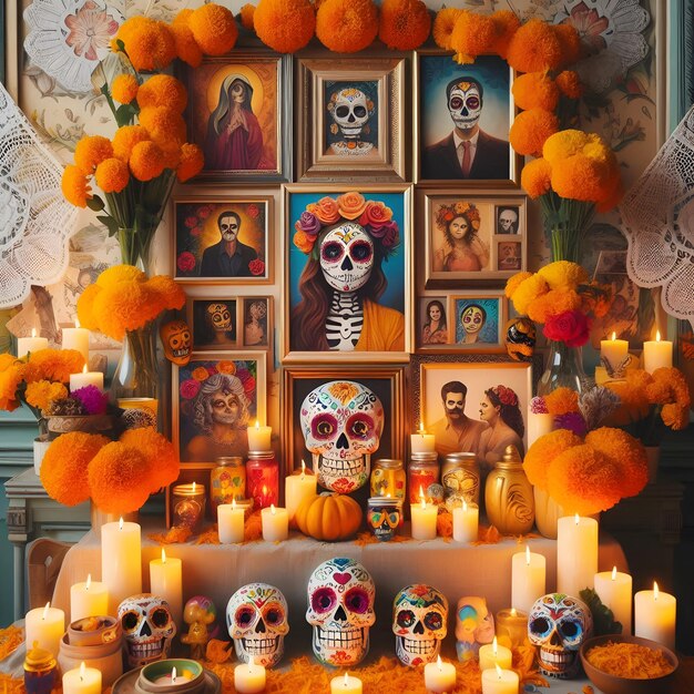 Photo dia de los muertos altar beautifully decorated with marigolds candles sugar skulls and photos