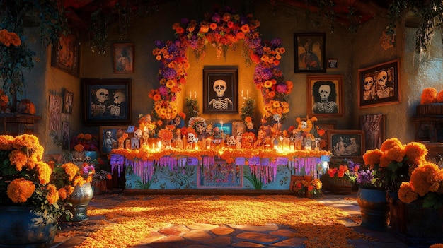 Dia de los Muertos altar with colorful paper flowers framed photos of ancestors dim light