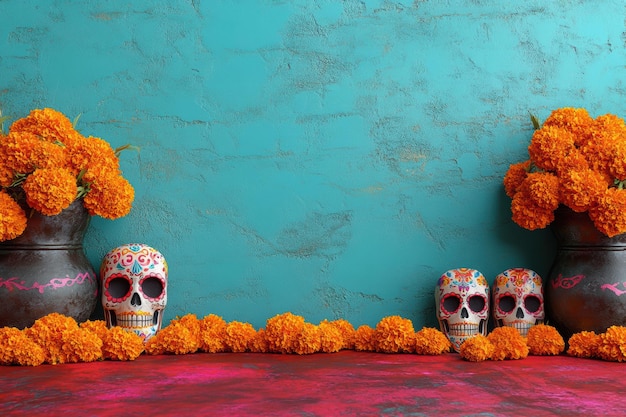 Photo dia de los muertos altar with sugar skulls and marigolds