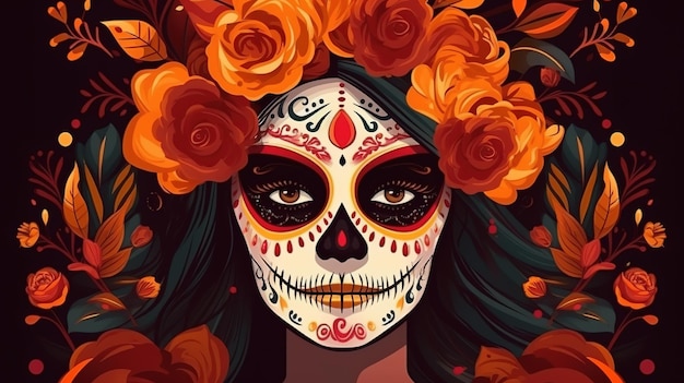 Dia de los Muertos or day of dead Mexican Sugar skull girl Generative Ai