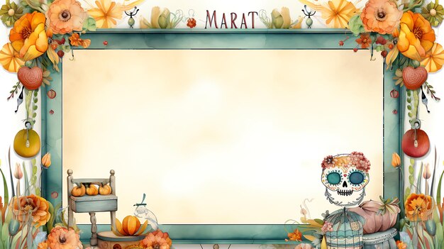 Dia de los muertos frame background illustration with skeleton Day of dead concept