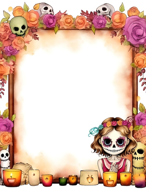 Dia de los muertos frame background illustration with skeleton Day of dead concept