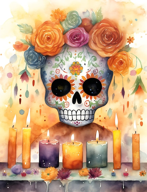 Dia de los muertos frame background illustration with skeleton Day of dead concept