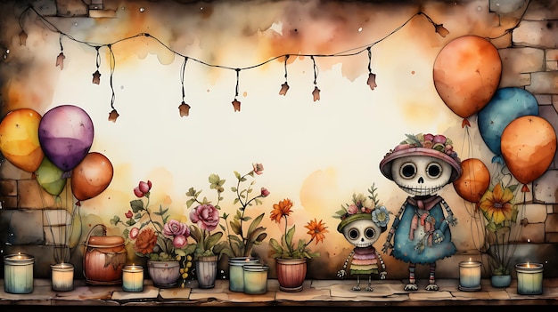 Dia de los muertos frame background illustration with skeleton Day of dead concept