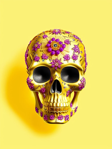 Dia de los muertos gold skull decorated with flowers the day of the dead 3d illustration