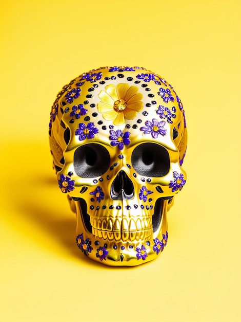 Dia de los muertos gold skull decorated with flowers the day of the dead 3d illustration