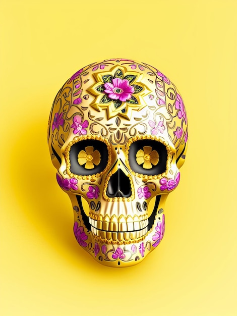 Dia de los muertos gold skull decorated with flowers the day of the dead 3d illustration