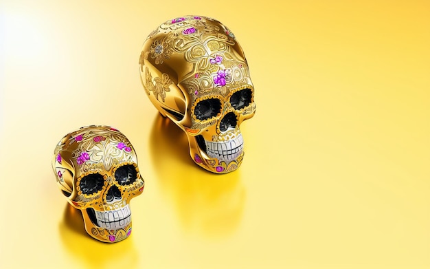 Dia de los muertos gold skull decorated with flowers the day of the dead 3d illustration