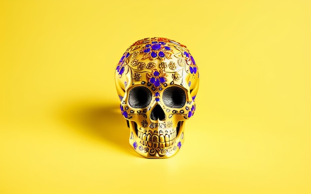 Dia de los muertos gold skull decorated with flowers the day of the dead 3d illustration