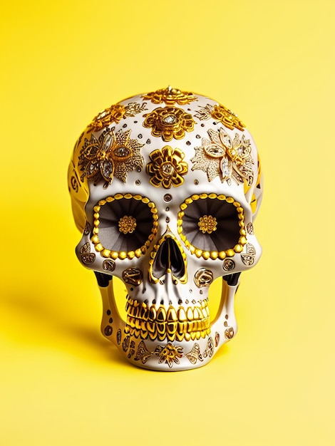 Dia de los muertos gold skull decorated with flowers the day of the dead 3d illustration