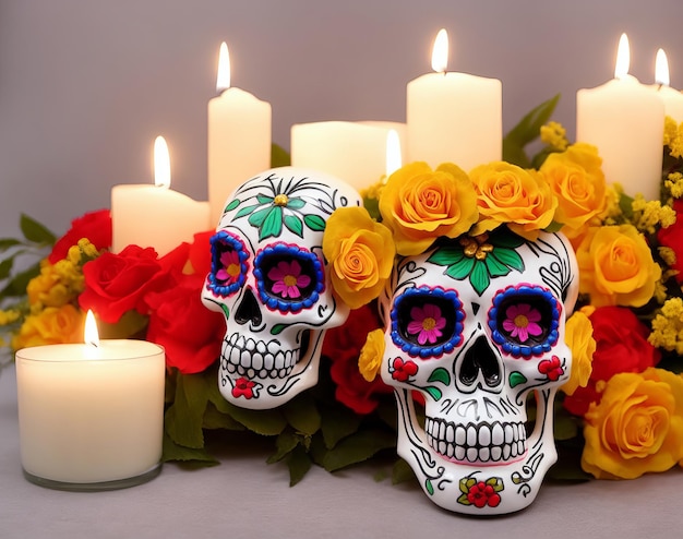 Dia de los muertos mexican day of the dead table composition with skullcandlesflowers