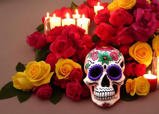 Dia de los muertos mexican day of the dead table composition with skullcandlesflowers