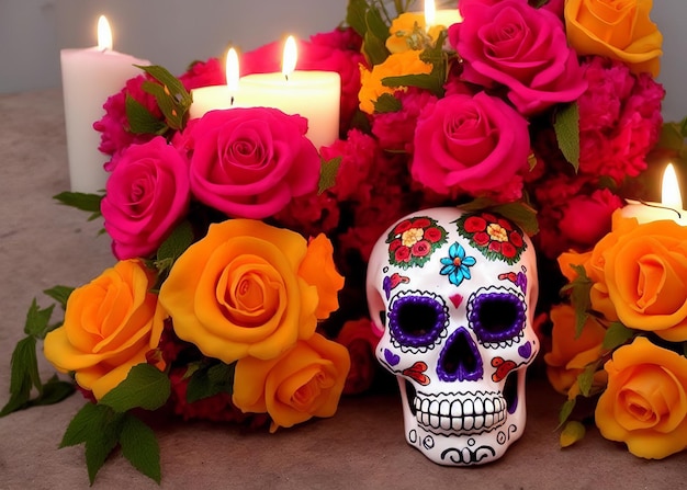 Dia de los muertos mexican day of the dead table composition with skullcandlesflowers