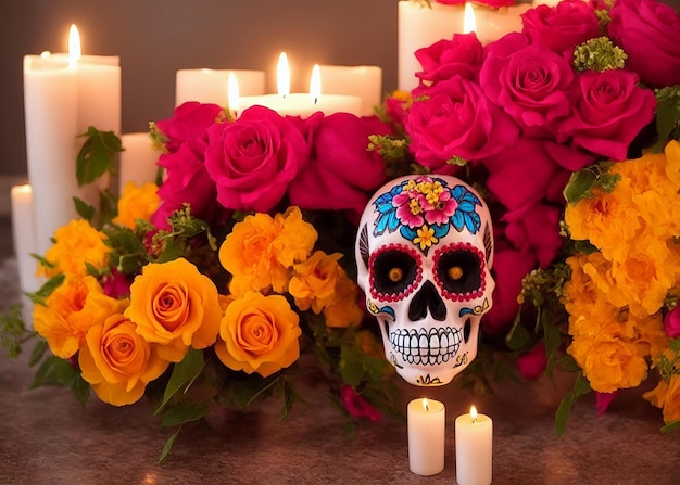 Dia de los muertos mexican day of the dead table composition with skullcandlesflowers