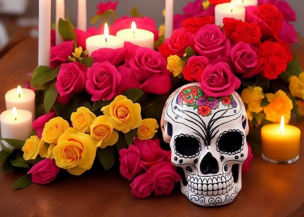 Dia de los muertos mexican day of the dead table composition with skullcandlesflowers