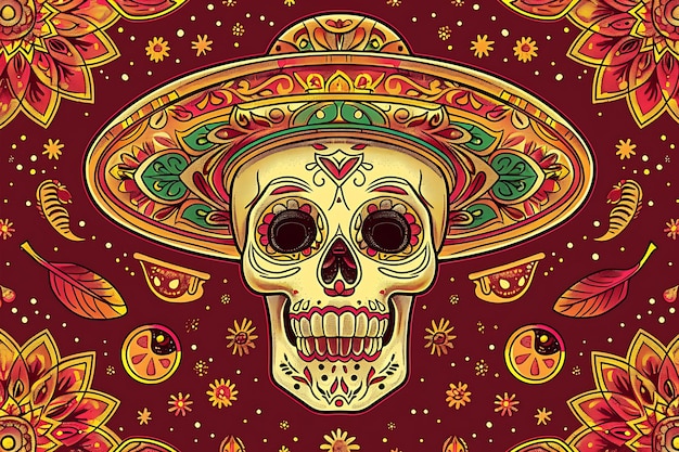 Dia de los muertos mexican skull in sombrero