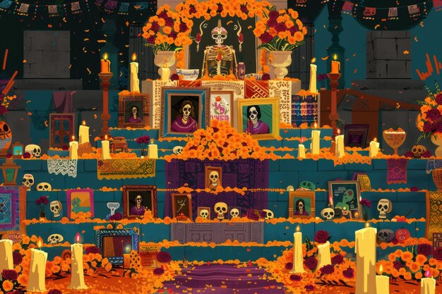 Dia de los muertos ofrenda with marigolds and papel picado decor for day of the dead celebration AI