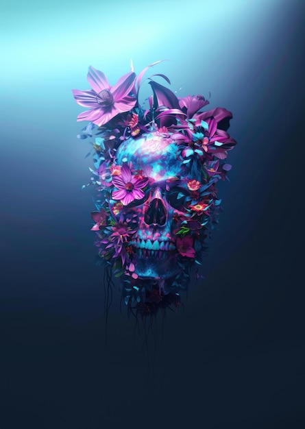 Photo dia de los muertos skull adorned with vibrant flowers and colorful leaves in a neonlit artistic composition day of the dead ai