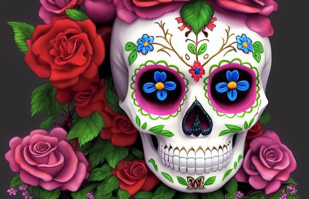 Dia de los muertos traditional calavera sugar skull decorated with flowers the day of the dead illustration