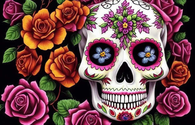 Dia de los muertos traditional calavera sugar skull decorated with flowers the day of the dead illustration